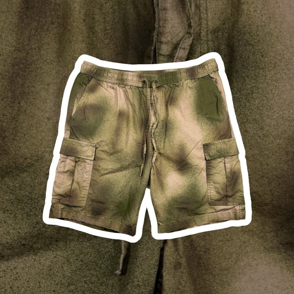 Quiksilver Taxer Cargo Shorts Mens XL Green Brown Abstract Tie Dye Camo Ripstop